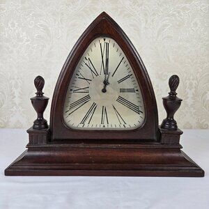 Vintage Waltham Triangle Wooden Mantel Clock Finials on Sides Wind Up Mechanism